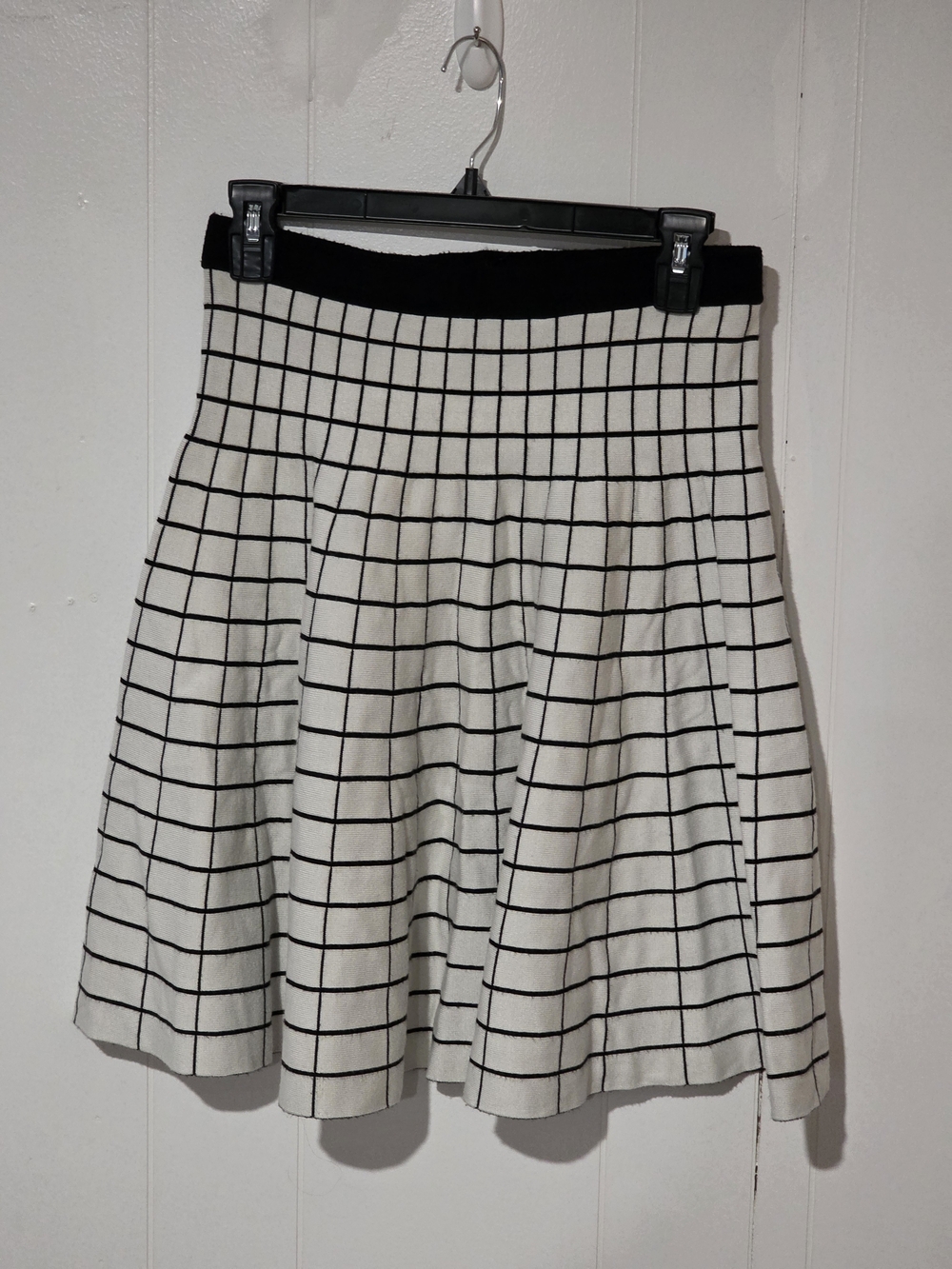 Carmen Marc Valvo Cream Skater Skirt with Black Windowpane Grid